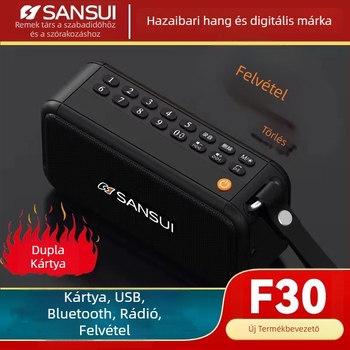 Sansui F30 hordozható FM rádió Bluetooth hangfallal — frekvenciatartomány 100Hz-20kHz, SNR ≥75 dB, kimeneti teljesítmény 12W, 5V tápellátás, beépített akkumulátor 2000-4000mAh