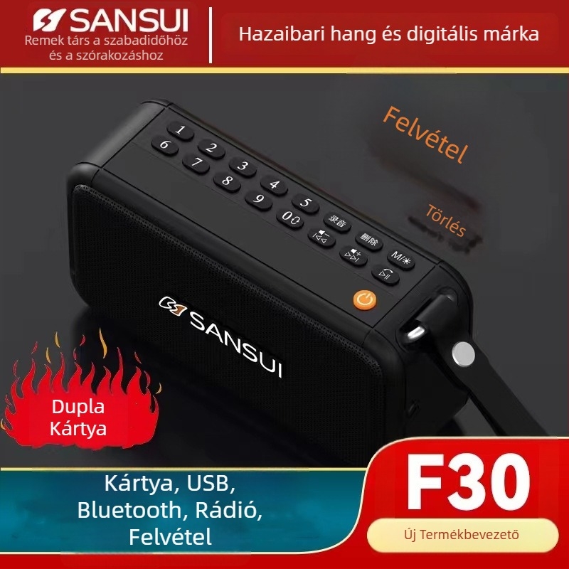 Sansui F30 hordozható FM rádió Bluetooth hangfallal — frekvenciatartomány 100Hz-20kHz, SNR ≥75 dB, kimeneti teljesítmény 12W, 5V tápellátás, beépített akkumulátor 2000-4000mAh
