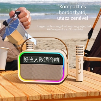 Bluetooth hangszóró lebegő dalszöveg kijelzővel, hordozható kültéri karaoké készülék beépített mikrofonnal és mélysugárzóval — BT 5.3, 15W, 100Hz-20kHz, SNR ≥85dB, hatótávolság 10 m, 1200-2000mAh akkumulátor
