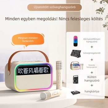 Bluetooth hangszóró lebegő dalszöveg kijelzővel, hordozható kültéri karaoké készülék beépített mikrofonnal és mélysugárzóval — BT 5.3, 15W, 100Hz-20kHz, SNR ≥85dB, hatótávolság 10 m, 1200-2000mAh akkumulátor