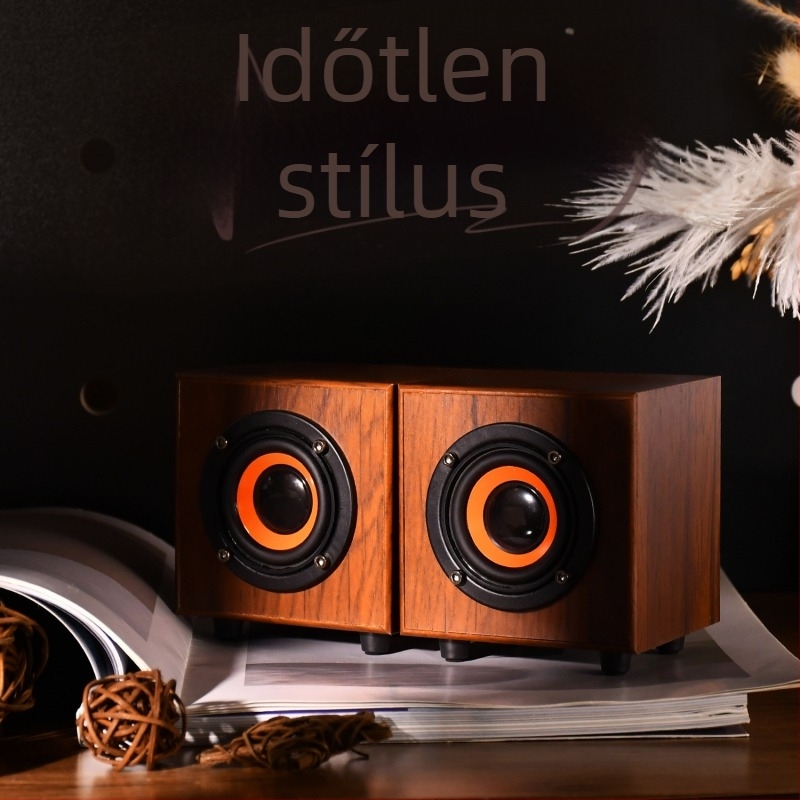 Fából készített mini hangszóró, USB + 3,5 mm-es csatlakozó, 3 W kimenet, 50 Hz–20 kHz frekvenciatartomány, 2 csatornás