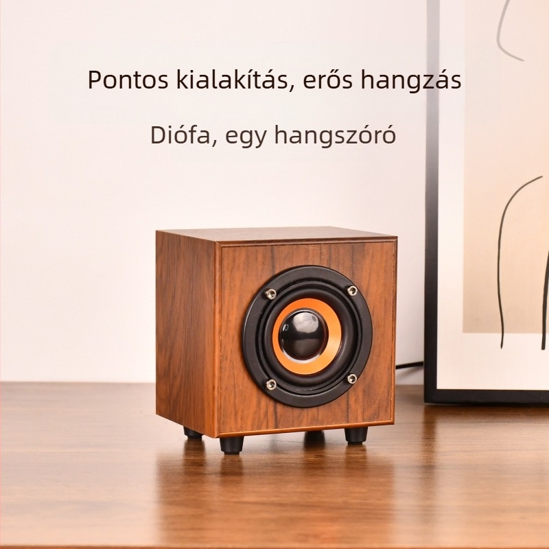 Fából készített mini hangszóró, USB + 3,5 mm-es csatlakozó, 3 W kimenet, 50 Hz–20 kHz frekvenciatartomány, 2 csatornás