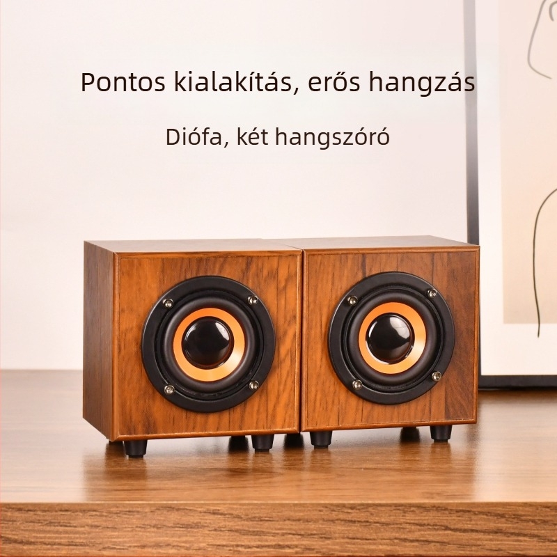 Fából készített mini hangszóró, USB + 3,5 mm-es csatlakozó, 3 W kimenet, 50 Hz–20 kHz frekvenciatartomány, 2 csatornás