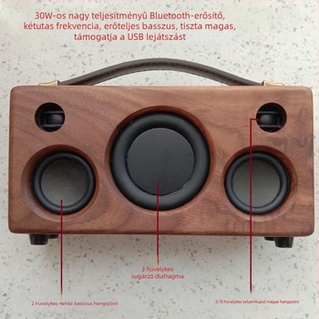 Diófából készült Bluetooth hangszóró, kézzel készített, hordozható kültéri retro dizájn, 5 hangszóróval, Bluetooth 5.0, 60Hz-15kHz, SNR ≥85dB, 30W