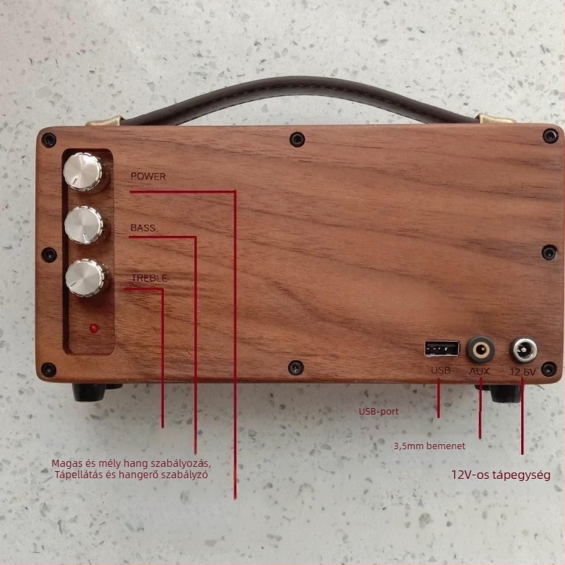 Diófából készült Bluetooth hangszóró, kézzel készített, hordozható kültéri retro dizájn, 5 hangszóróval, Bluetooth 5.0, 60Hz-15kHz, SNR ≥85dB, 30W