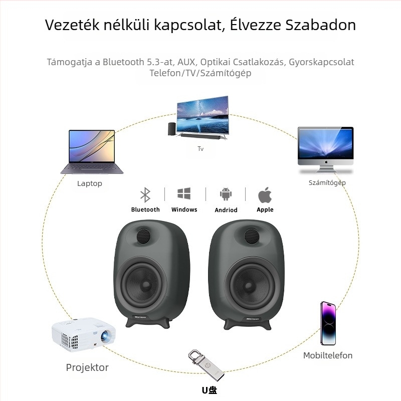 Asztali számítógépes hangrendszer szubwooferrel, Bluetooth 5.3, 60W, 4 hangszóró, 40 Hz–20 kHz, SNR ≥85 dB
