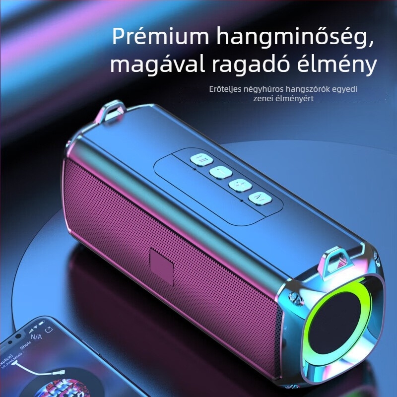 Hordozható vezeték nélküli Bluetooth hangszóró RGB világítással és pánttal, 2 hangszóró, 5W, Bluetooth 5.0, IPx3, beépített akkumulátor 1200–2000 mAh