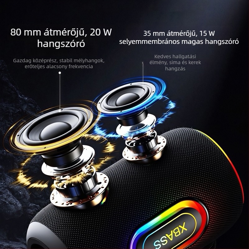 Kézben tartható Bluetooth hangszóró 2 hangszóróval, beépített akkumulátor 2000–4000 mAh, IPX4 vízálló, Bluetooth 5.0, 10 m hatótávolság
