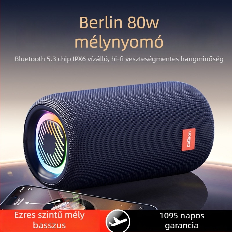 Kültéri hordozható Bluetooth hangszóró IPX7 vízálló, Bluetooth 5.3, 100 Hz-20 kHz frekvenciatartomány, SNR ≥70 dB, TF/USB/AUX/Bluetooth csatlakozás