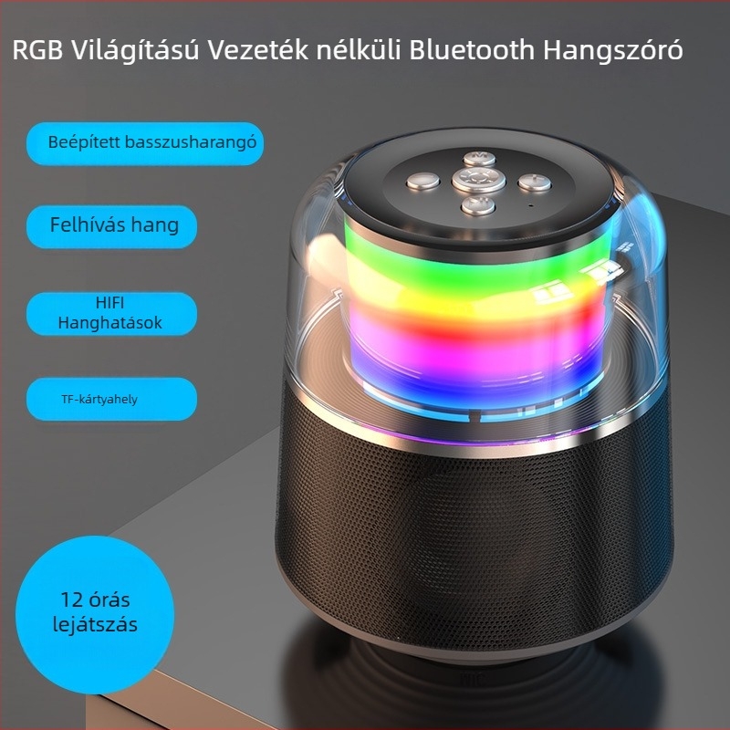 Bluetooth hangszóró RGB világítással, 5W teljesítmény, Bluetooth 5.0, 60Hz-15kHz hangfrekvencia, 8 órás lejátszás, USB interfész