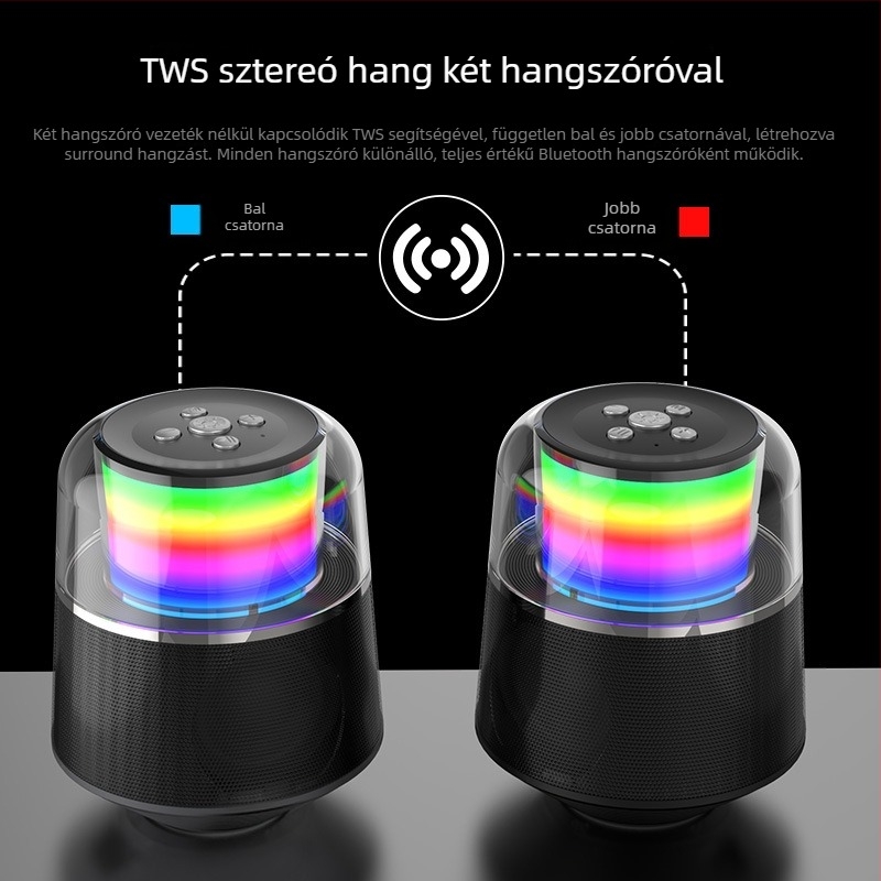Bluetooth hangszóró RGB világítással, 5W teljesítmény, Bluetooth 5.0, 60Hz-15kHz hangfrekvencia, 8 órás lejátszás, USB interfész