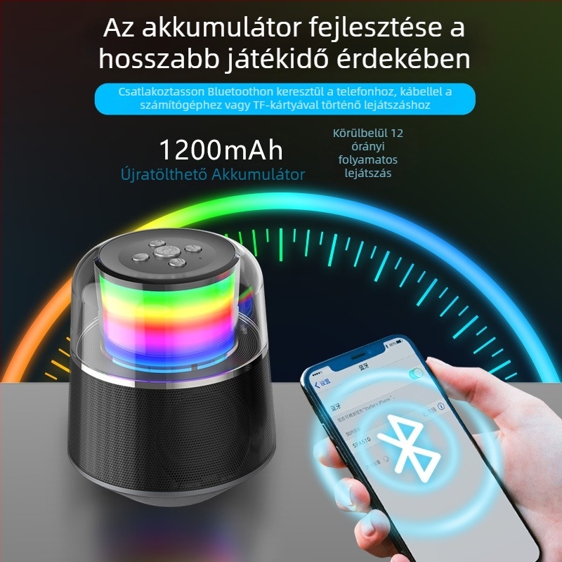 Bluetooth hangszóró RGB világítással, 5W teljesítmény, Bluetooth 5.0, 60Hz-15kHz hangfrekvencia, 8 órás lejátszás, USB interfész