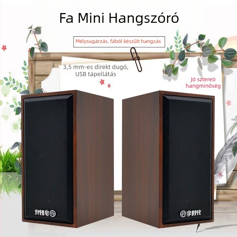 Fa tokozású asztali hangszóró, USB-tápellátás, 5W teljesítmény, 3,5 mm-es audio jack, 30 Hz–15 kHz frekvenciatartomány