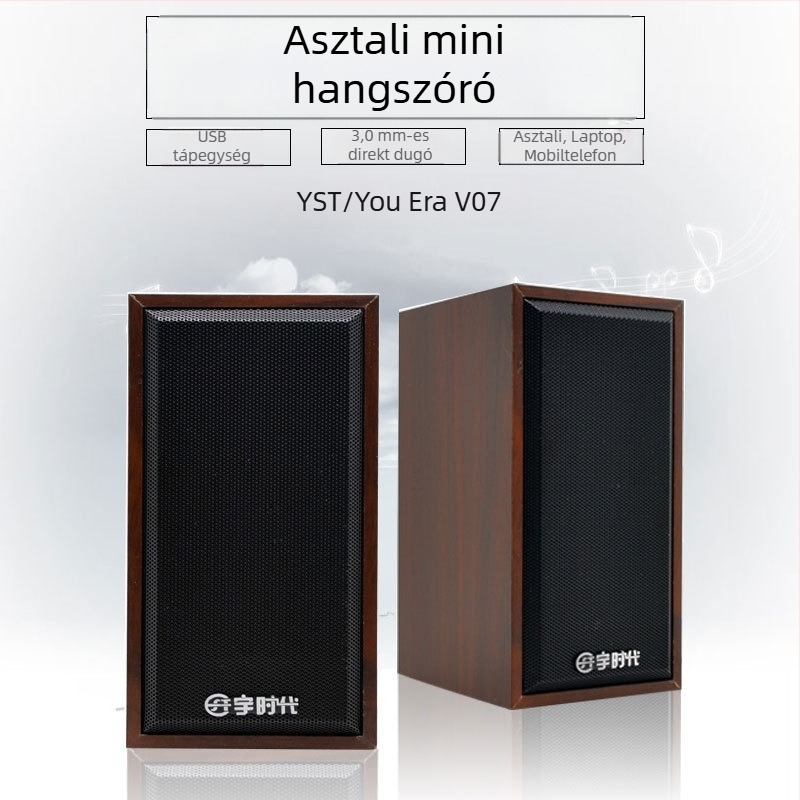 Fa tokozású asztali hangszóró, USB-tápellátás, 5W teljesítmény, 3,5 mm-es audio jack, 30 Hz–15 kHz frekvenciatartomány