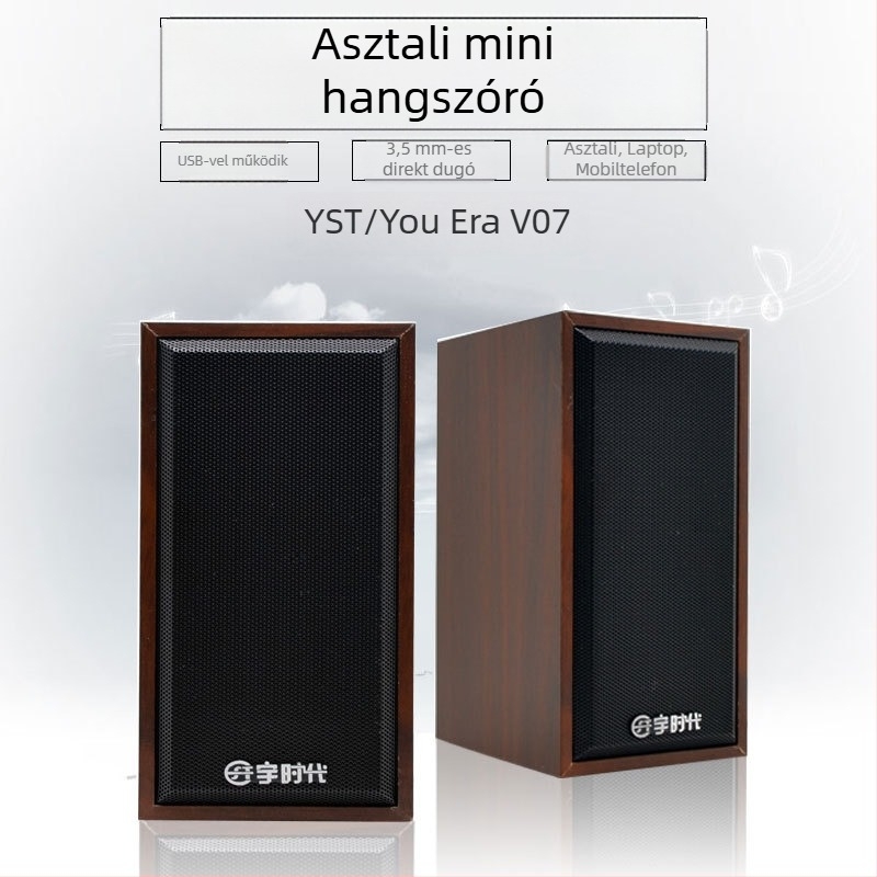 Fa tokozású asztali hangszóró, USB-tápellátás, 5W teljesítmény, 3,5 mm-es audio jack, 30 Hz–15 kHz frekvenciatartomány
