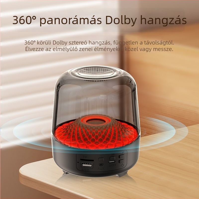 Átlátszó kivitelű Bluetooth hangszóró, TWS-kapcsolat, LED világítás, beépített mélynyomó, otthoni surround hangzás