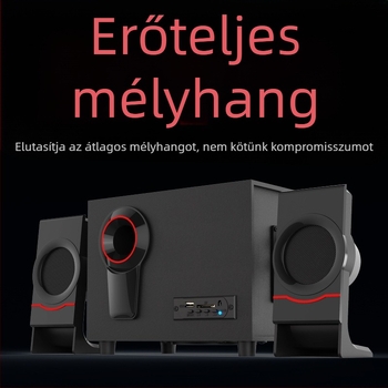 Fa 2.1 multimédiás számítógépes hangfal, USB tápegység, Bluetooth 4.1 és 3,5 mm AUX csatlakozás; kimeneti teljesítmény 10W + 3W×2; frekvencia-tartomány 20 Hz–18 kHz; fa ház