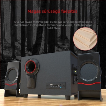 Fa 2.1 multimédiás számítógépes hangfal, USB tápegység, Bluetooth 4.1 és 3,5 mm AUX csatlakozás; kimeneti teljesítmény 10W + 3W×2; frekvencia-tartomány 20 Hz–18 kHz; fa ház