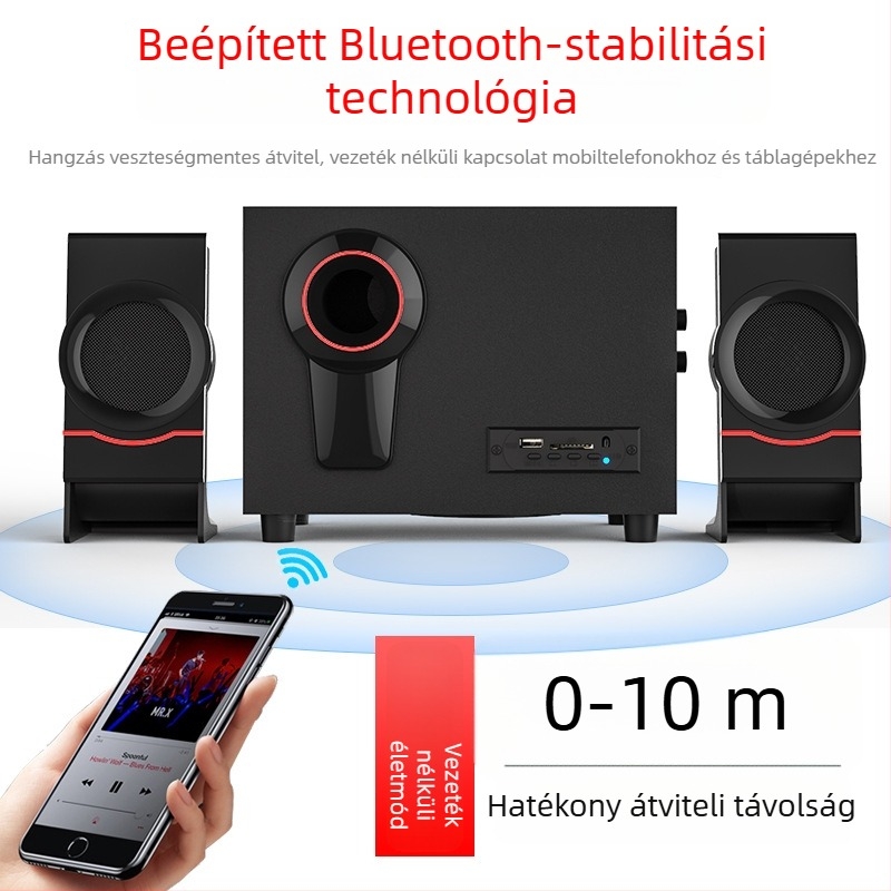 Fa 2.1 multimédiás számítógépes hangfal, USB tápegység, Bluetooth 4.1 és 3,5 mm AUX csatlakozás; kimeneti teljesítmény 10W + 3W×2; frekvencia-tartomány 20 Hz–18 kHz; fa ház