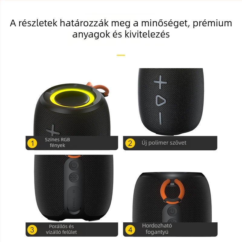 Vezeték nélküli Bluetooth hangsugárzó kültéri használatra, IPX4 vízálló, 10W teljesítmény, Bluetooth 5.3, 20m hatótáv, beépített 1200–2000mAh akkumulátor