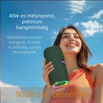 Kézben tartható Bluetooth hangszóró kettős basszus-dinamikával – 20W, Bluetooth 5.3, beépített 2000–4000mAh akkumulátor, 100 Hz–20 kHz, hatótáv 10 m