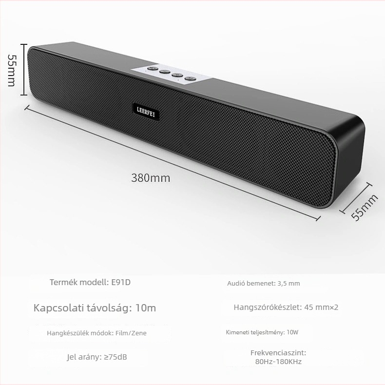 Asztali Bluetooth hangsugó kettős hangszórókkal, USB tápegység, beépített 800–1000 mAh akkumulátor, frekvencia-válasz 100 Hz–20 kHz, SNR ≥75 dB, teljesítmény 5 W