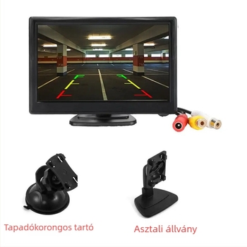 5 hüvelykes autómonitor szívókoronggal, asztali és műszerfalon egyidejű használatra, tolató kép kijelző, 12-24V, LCD 800x480