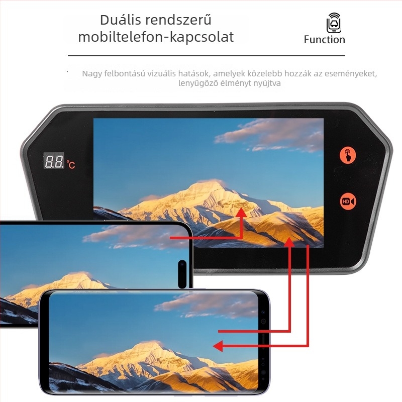 Autóhátsó tükrös kijelző Bluetooth-kapcsolattal – LCD-kijelző, 800x480 felbontás, CVBS bemenet, univerzális kompatibilitás