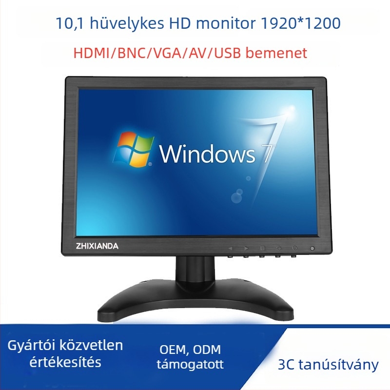 Zhixianda H1016 IPS monitor, 16:10 arány, USB/HDMI/VGA/Audio csatlakozók, 500 cd/m2 fényerő, 3C tanúsítvány