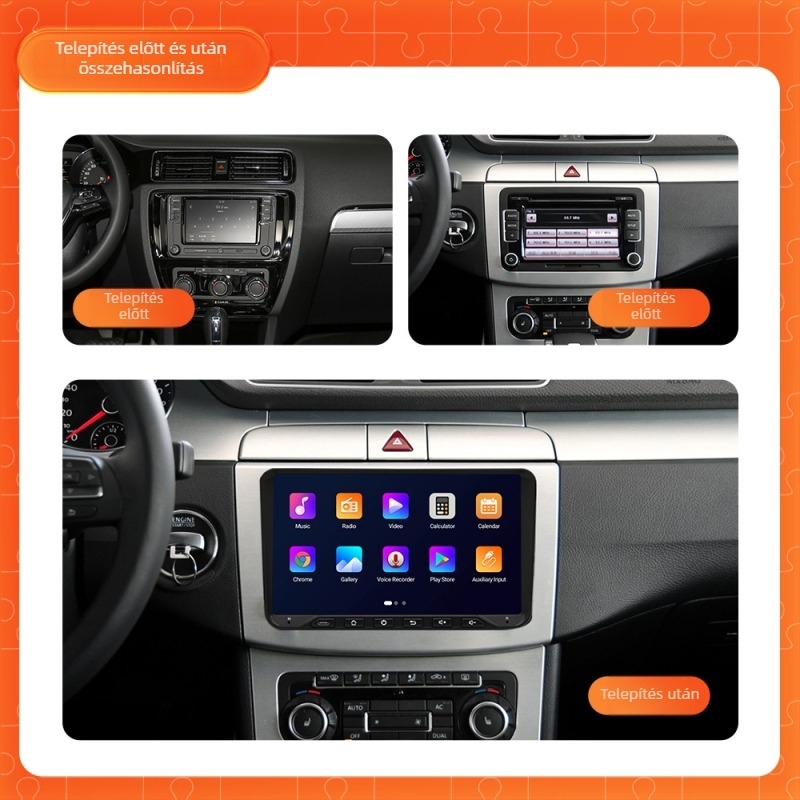 VW univerzális középkonzolos autó navigációs kijelző HD érintőképernyővel, 12V, 4x45W, testreszabható, 1 év garancia