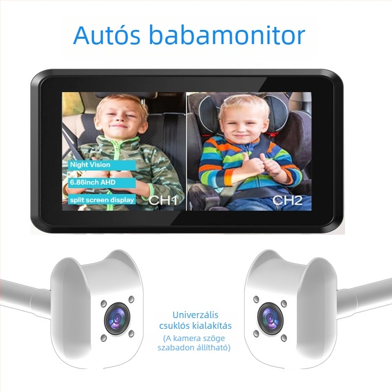 Autóba szerelt babamonitor LCD kijelző, 6,86 hüvelyk, HD, infravörös éjjellátás, hátsó üléshez