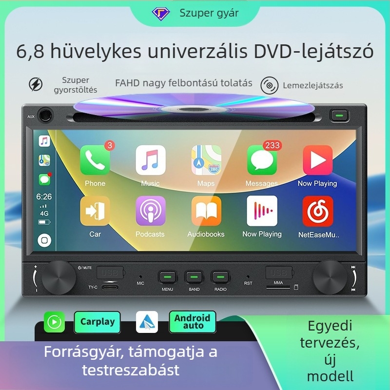 6,86 hüvelykes Linux autófej egység vezeték nélküli CarPlay-el, gyors töltés, navigáció és DVD-lejátszó, kompatibilis a 7862-vel