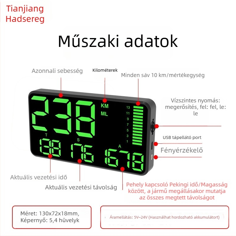 Autós HUD kijelző, modell C90, GPS bemenet, magasság, idő és megtett kilométer statisztika, gyorshajtás riasztás
