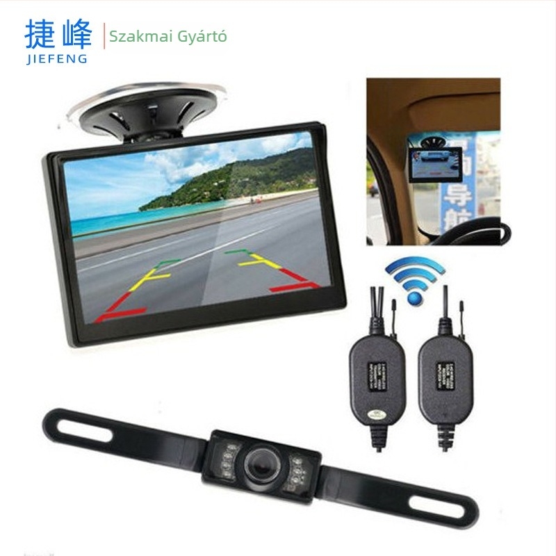 Vezeték nélküli autós monitor adó- és vevőegységgel a rendszámkamera számára, modell JF-013-7, 2 videó bemenet, 520TVL felbontás, 12V tápegység, 170°-os állítható szög