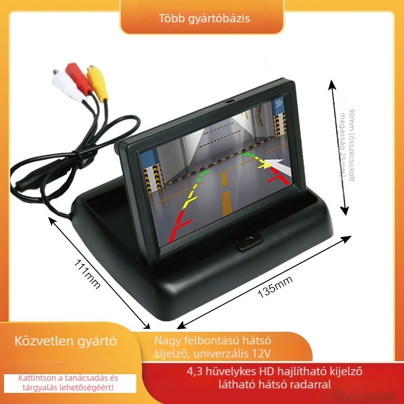 Összecsukható autó LCD kijelző, 12V tápegység, AV bemenet, NP automatikus kapcsolás, modell P2-4.3
