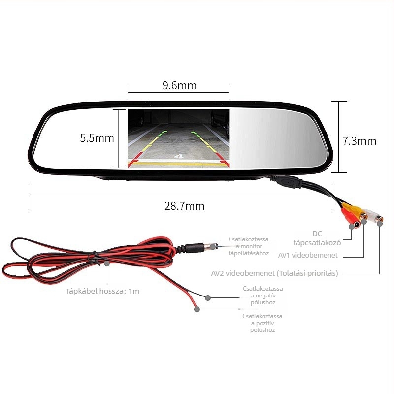 4,3 hüvelykes hátsó tükrös autómonitor LCD kijelzővel, 12V, HD visszafordító kép