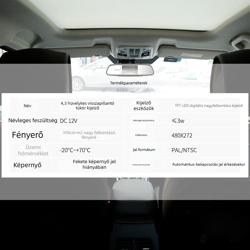 4,3 hüvelykes hátsó tükrös autómonitor LCD kijelzővel, 12V, HD visszafordító kép
