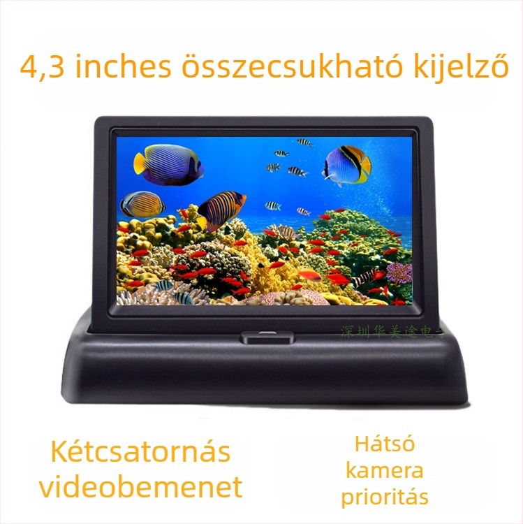 Összecsukható autómonitor, HD digitális kijelző, felbontás 480x272, AV bemenet, hátsó nézet prioritás