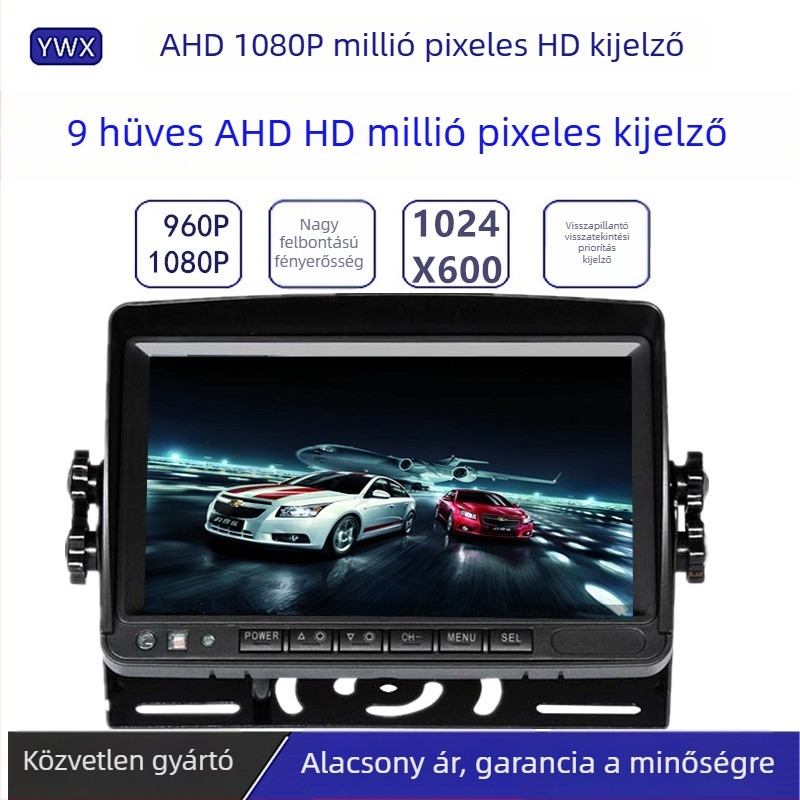Autó LCD-monitor - TFT LCD, 1024x600 felbontás, AHD bemenet, univerzális kompatibilitás, modell YWX-9UB