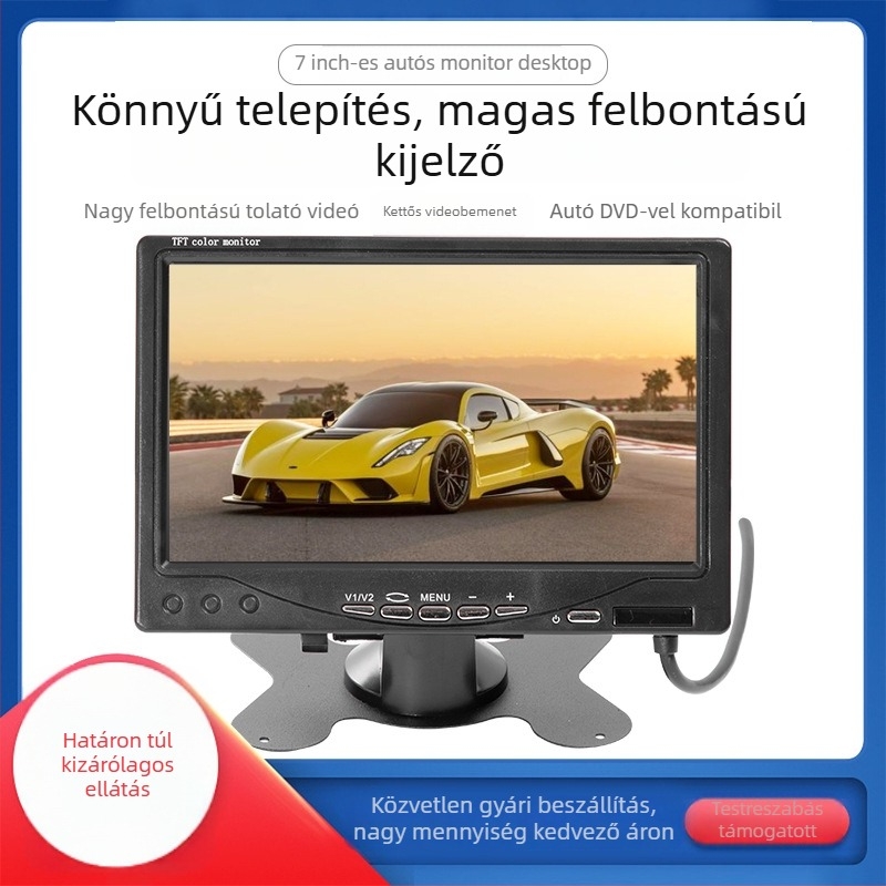 Autó LCD kijelző, 7 hüvelykes asztali modell, LED LCD panel, 800x480 felbontás, CVBS bemenet, univerzális kompatibilitás