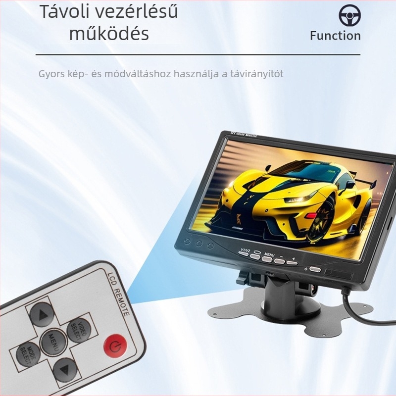 Autó LCD kijelző, 7 hüvelykes asztali modell, LED LCD panel, 800x480 felbontás, CVBS bemenet, univerzális kompatibilitás