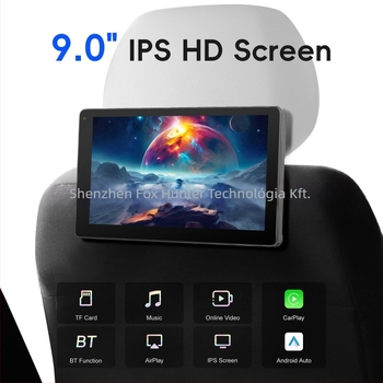 IPS kijelzővel rendelkező fejtámla autómonitor, 1024×600 felbontás, modell ZHP037, támogatja a vezeték nélküli CarPlay-t és az Android Auto-t.