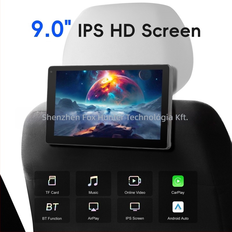IPS kijelzővel rendelkező fejtámla autómonitor, 1024×600 felbontás, modell ZHP037, támogatja a vezeték nélküli CarPlay-t és az Android Auto-t.