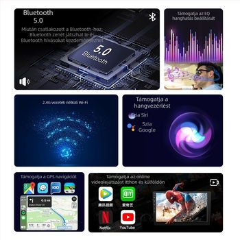 Android alapú autó navigációs központi egység, 8‑magos processzor, Bluetooth rádió és tolató kamera