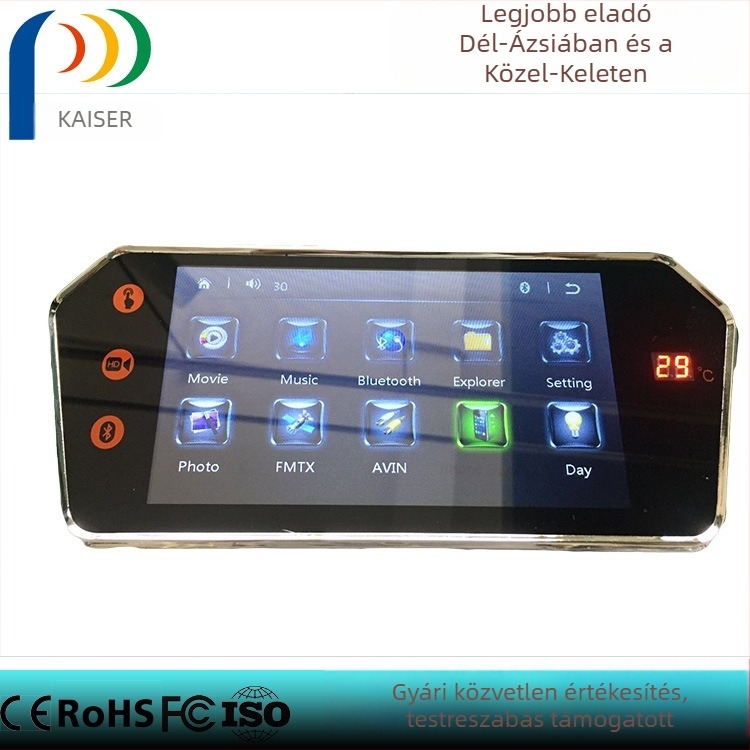 Autóhátrameneti kijelző (KZ-030 modell) LCD-képernyővel, 800x480 felbontással, Bluetooth-kapcsolattal és hőmérséklet-kijelzővel