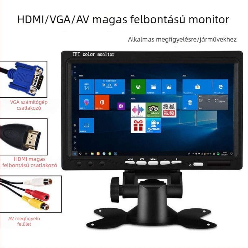 Autó LCD Monitor H909 – AV/HDMI/VGA bemenetek, 1024x600 LCD kijelző, ABS ház
