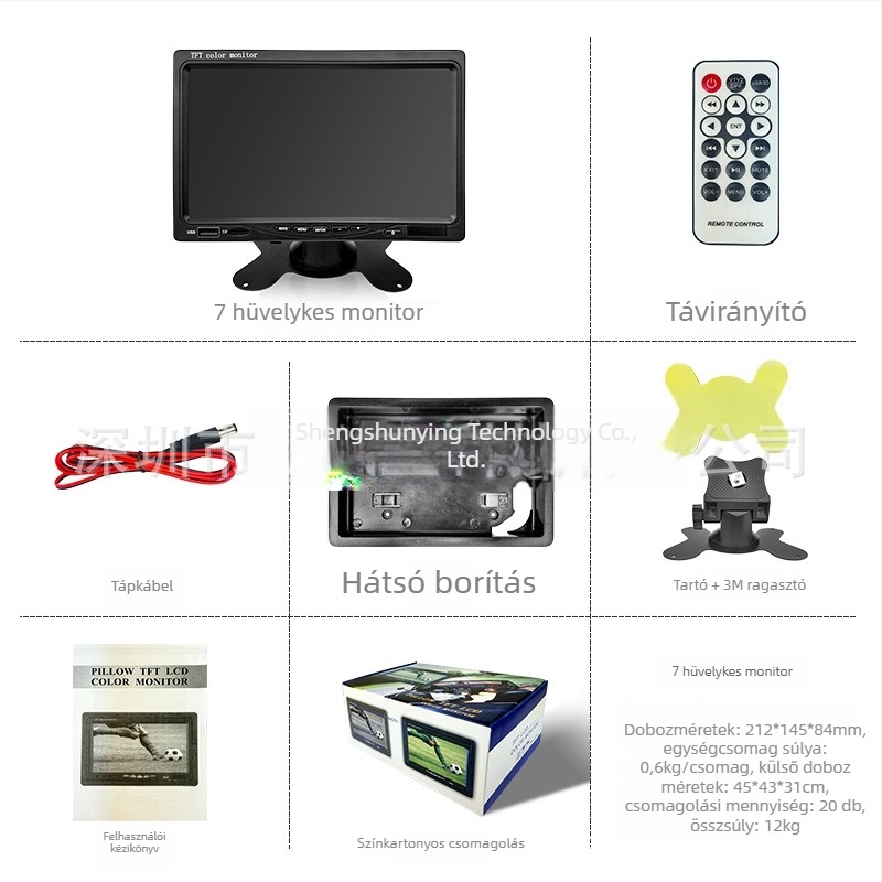 Autós LCD monitor SSY-705 MP5, digitális kijelző, 800x480 felbontás, MP5-kompatibilis, AV bemenet