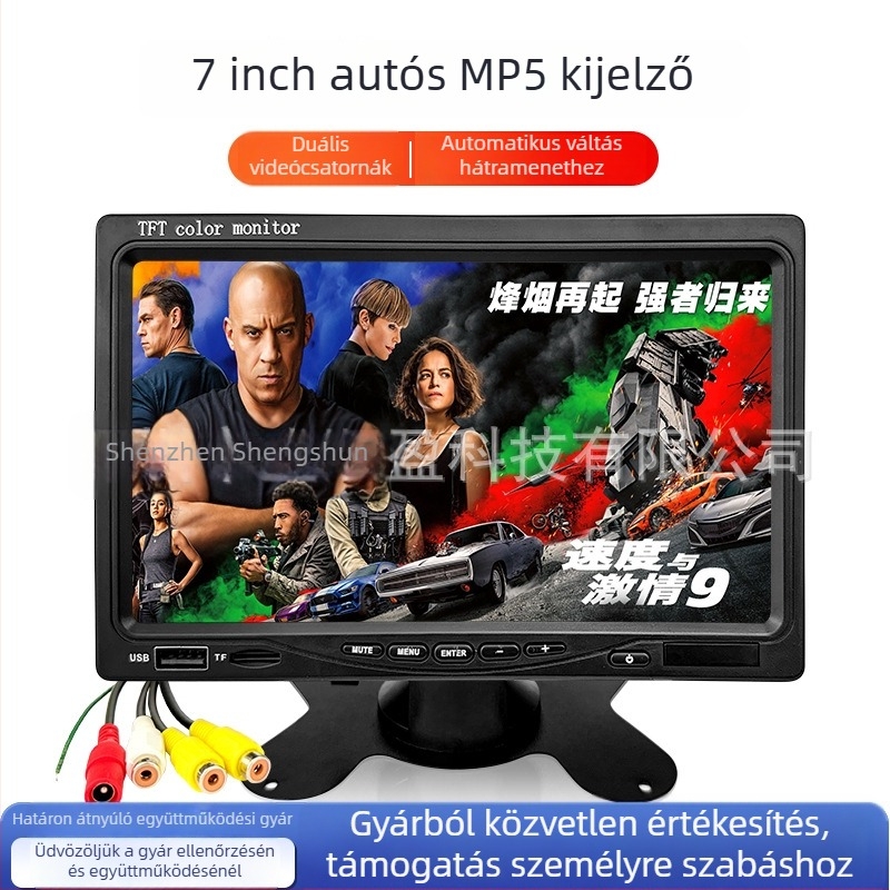 Autós LCD monitor SSY-705 MP5, digitális kijelző, 800x480 felbontás, MP5-kompatibilis, AV bemenet