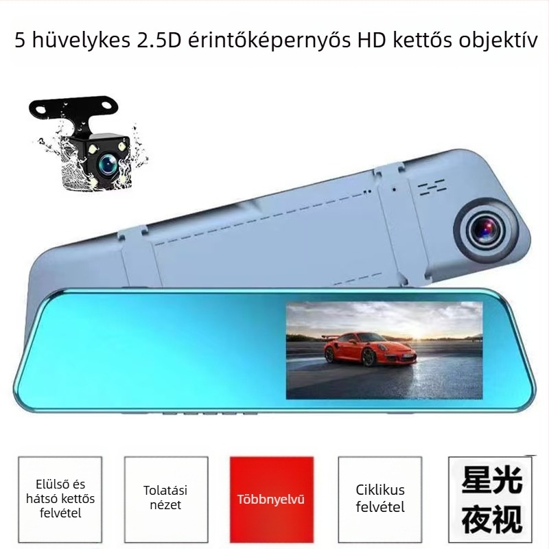 5 hüvelykes visszapillantó tükrös autós DVR érintőképernyővel, elő- és hátsó kettős felvétel, nagy felbontás, többnyelvű támogatás