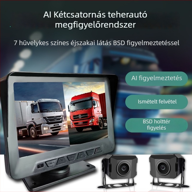 Teherautókhoz való visszafelé néző kijelző rendszer dupla kijelzős, 1024x600 felbontás, két kamera, sávszélesség 2 MHz, NP-kompatibil
